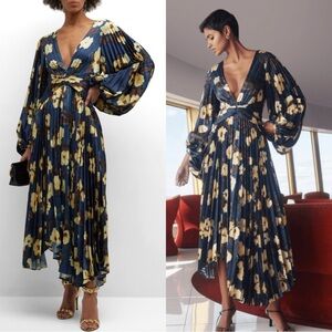 Acler Palms Pleated Long Sleeve Midi Dress Navy Floral Size 2